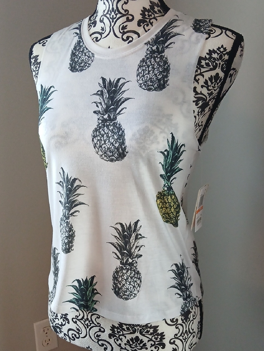 Rebellious One White Pineapple Print Tank with Green & Yellow Accents